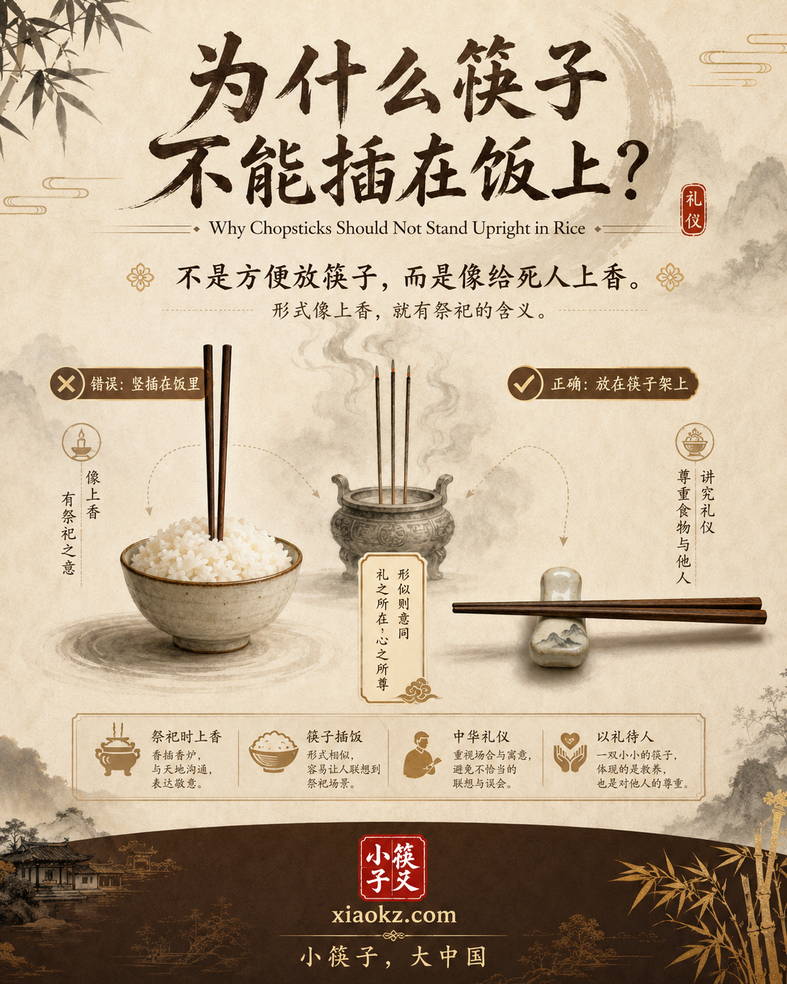 Infografik: Warum Essstäbchen nicht in Reis gesteckt werden sollten — in China sehen aufrechte Stäbchen wie Räucherstäbchen aus, ein Ritual für die Toten.