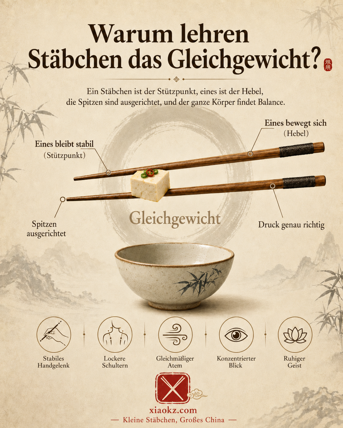 Infografik: Warum Stäbchen das Gleichgewicht lehren — ein Stützpunkt, ein Hebel, Spitzen ausgerichtet, der ganze Körper im Gleichgewicht. Stabiles Handgelenk, lockere Schultern, gleichmäßiger Atem, konzentrierter Blick, ruhiger Geist.