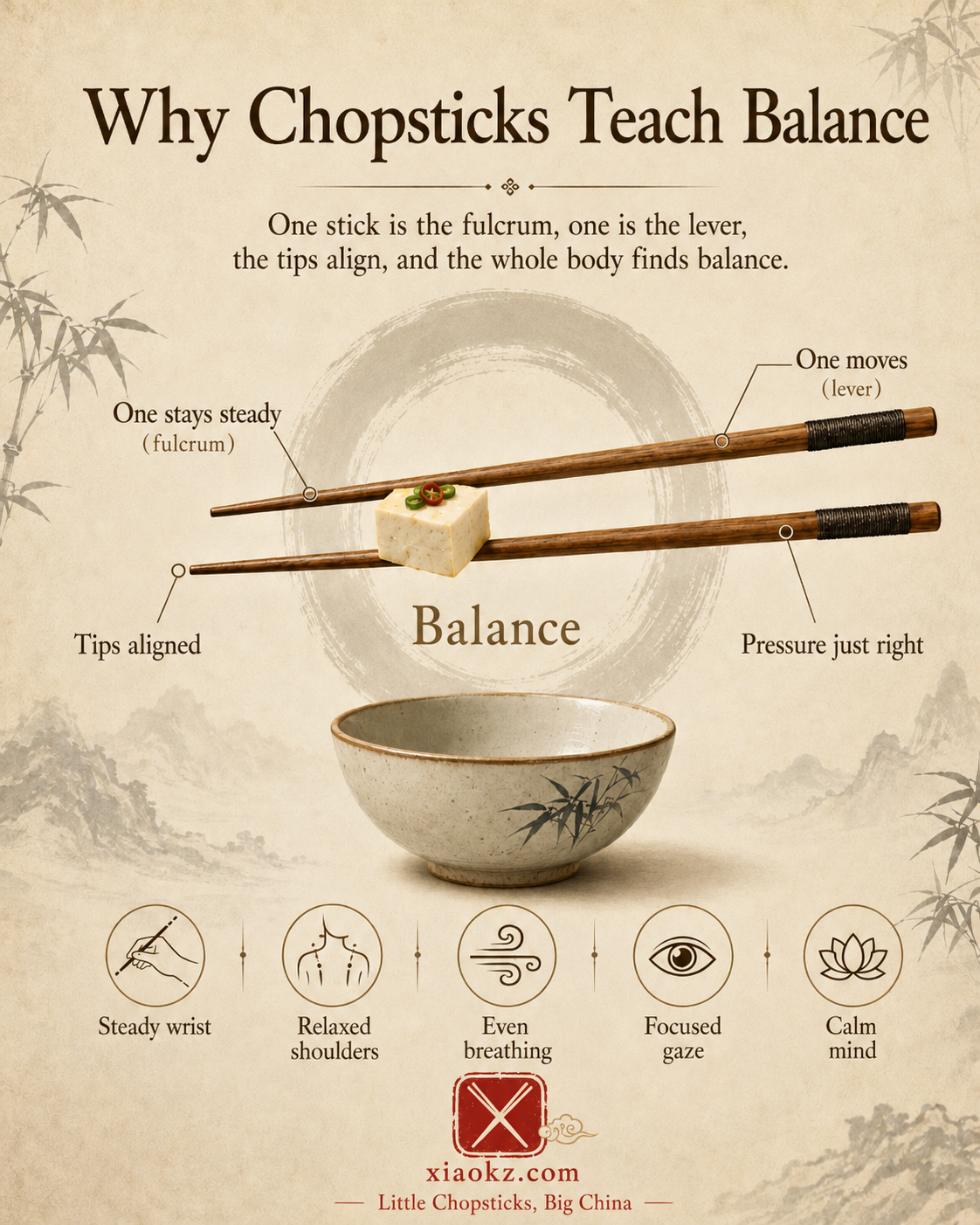 Infographic: Why Chopsticks Teach Balance — one fulcrum, one lever, tips aligned, whole body in balance. Steady wrist, relaxed shoulders, even breathing, focused gaze, calm mind.