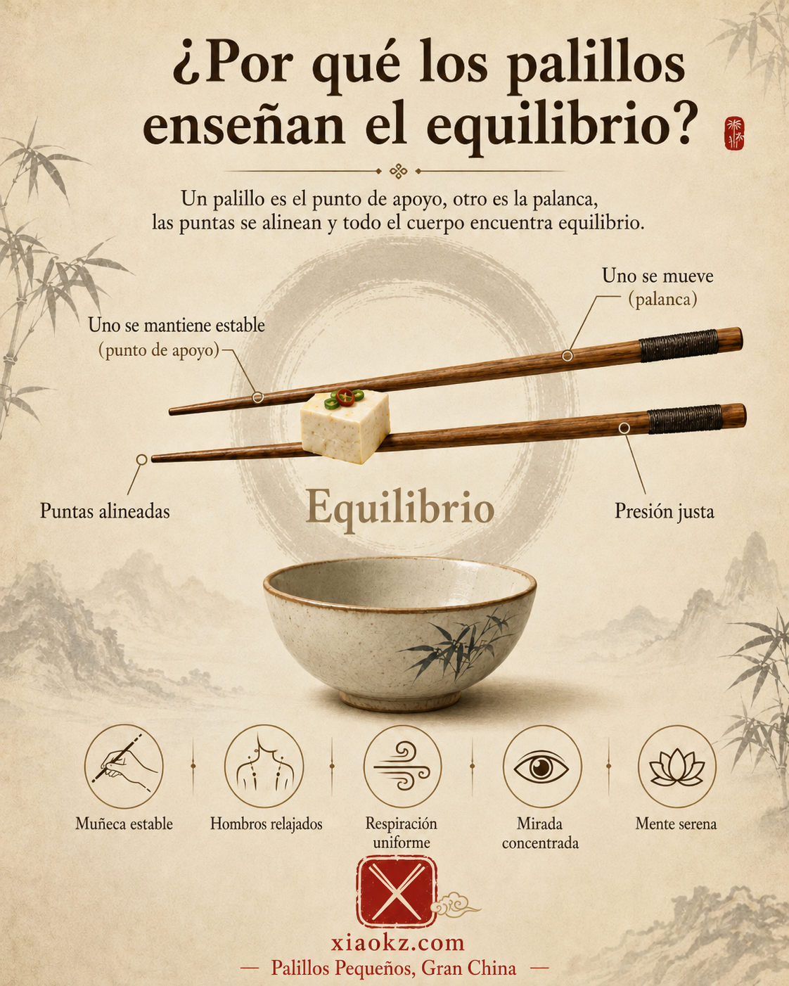Infografía: Por qué los palillos enseñan el equilibrio — un punto de apoyo, una palanca, puntas alineadas, todo el cuerpo en equilibrio. Muñeca estable, hombros relajados, respiración uniforme, mirada concentrada, mente serena.