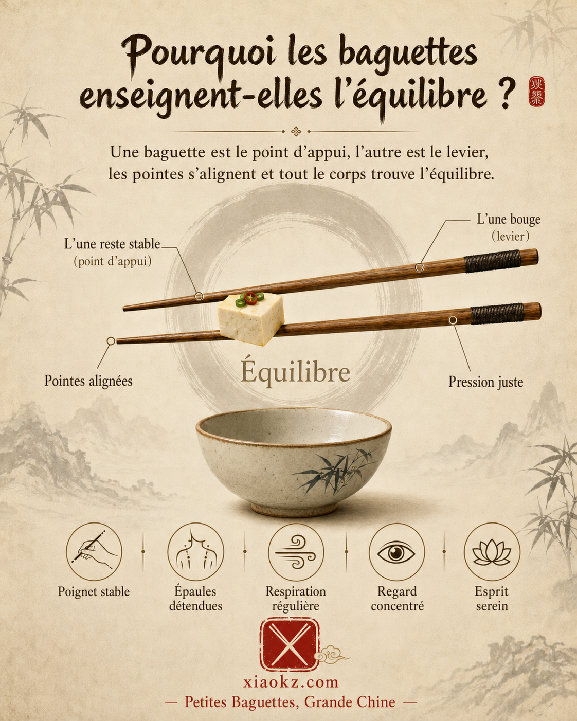 Infographie : Pourquoi les baguettes enseignent-elles l'équilibre — un point d'appui, un levier, pointes alignées, tout le corps en équilibre. Poignet stable, épaules détendues, respiration régulière, regard concentré, esprit serein.