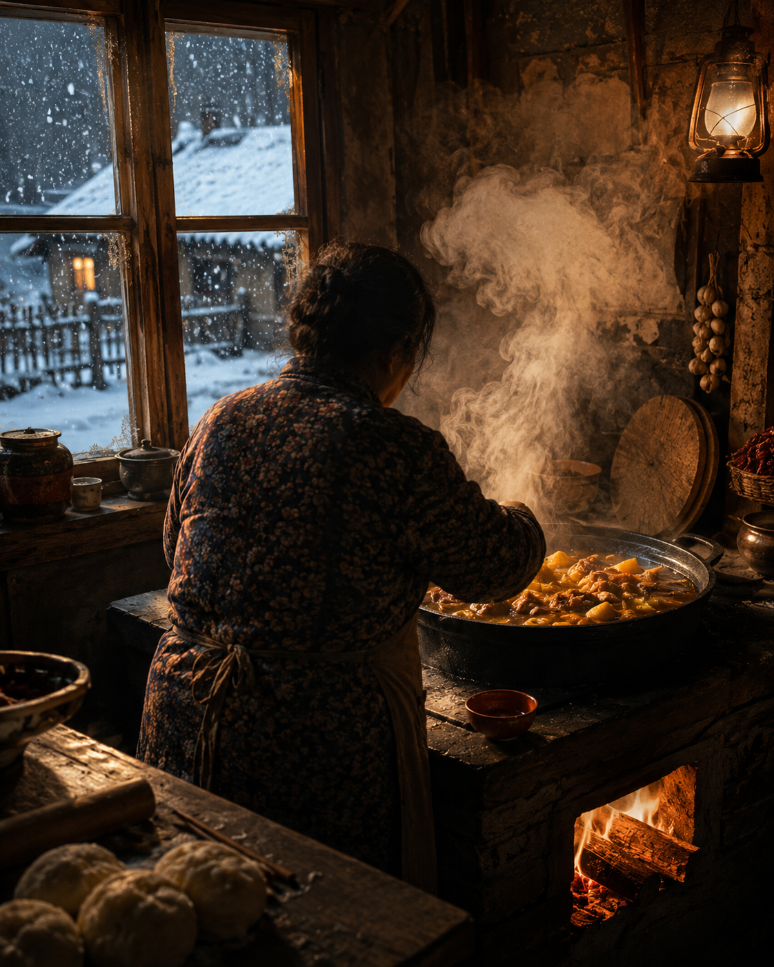 In einer verschneiten Küche in Nordostchina steht eine Mutter am Herd und kocht Eintopf, das Feuerlicht beleuchtet ihre Silhouette, während draußen Schnee fällt